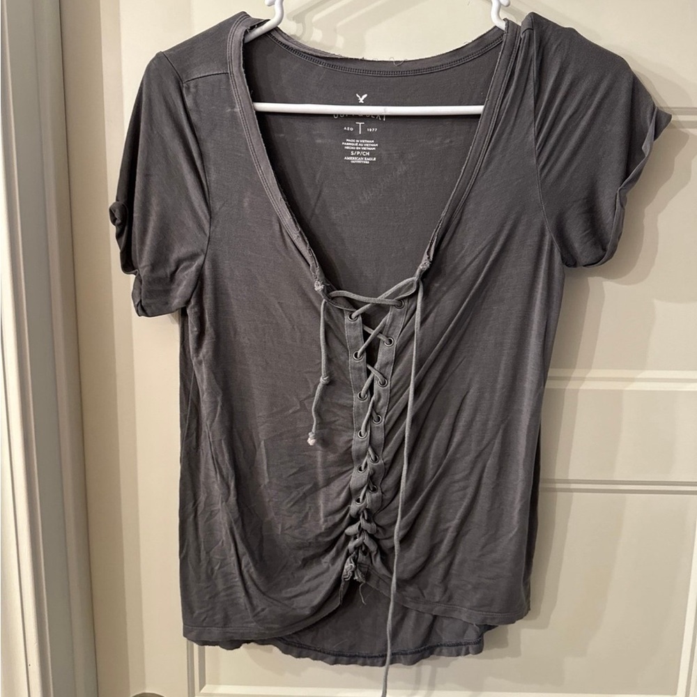 American Eagle Outfitters Scrunch Tie Soft Viscose T-Shirt Gray Size Small
